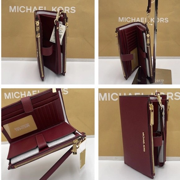 MICHAEL KORS LG DOUBLE ZIP WRISTLET MERLOT DARK CHERRY MULBERRY PHONE CASE NWT - Picture 14 of 16